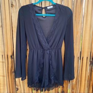 Tobi Plunging V Neck Crochet Laced Romper Black Size XS